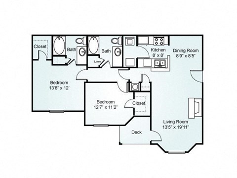 Floor plan for 2 beds, 2 baths, 1114 sqft